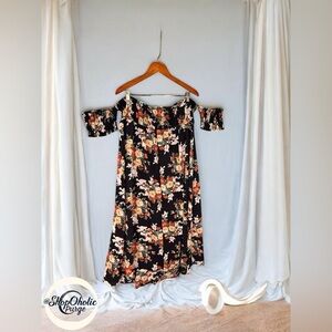 Floral Off-Shoulder Navy Dress with Peach Blooms